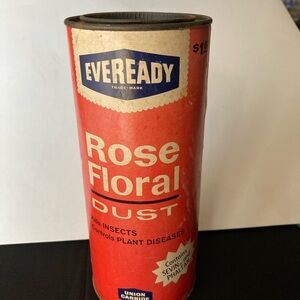 Vintage Eveready Rose Floral Dust Can Metal Advertising Tin Union Carbide